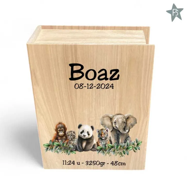Best Bewaarbundel voor alle eerste spulletjes | Houten bewaarboek met jungledieren Herinneringsdoos Met Naam | Kraamcadeau Meisje