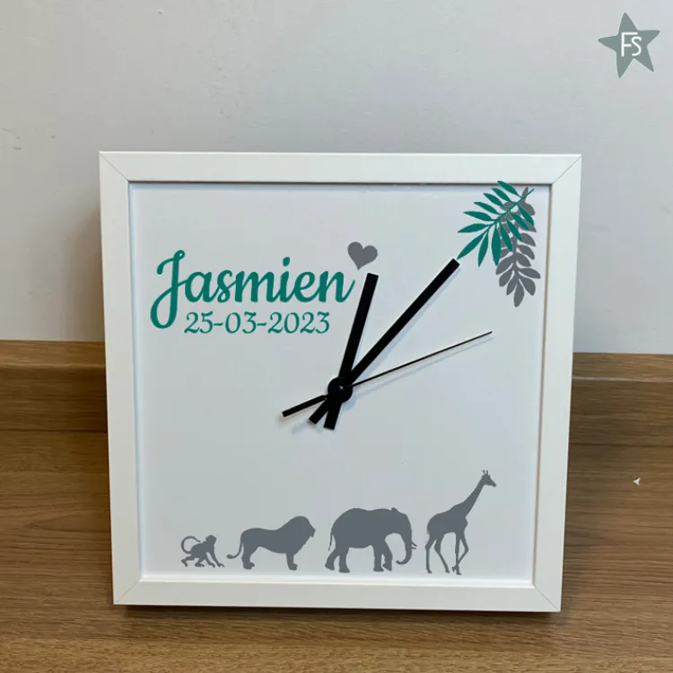 Online Geboorteklok met naam en jungle dieren Geboorteklok | Kraamcadeau Meisje