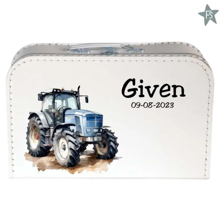 New Geprint koffertje met naam en blauwe tractor Koffertje Met Naam | Kraamcadeau Jongen