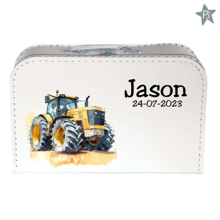Discount Geprint koffertje met naam en gele tractor Koffertje Met Naam | Kraamcadeau Jongen