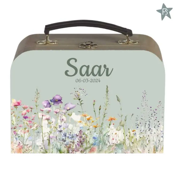 Clearance Houten kinderkoffertje met naam en bloemen | Wildflower Koffertje Met Naam | Kraamcadeau Meisje
