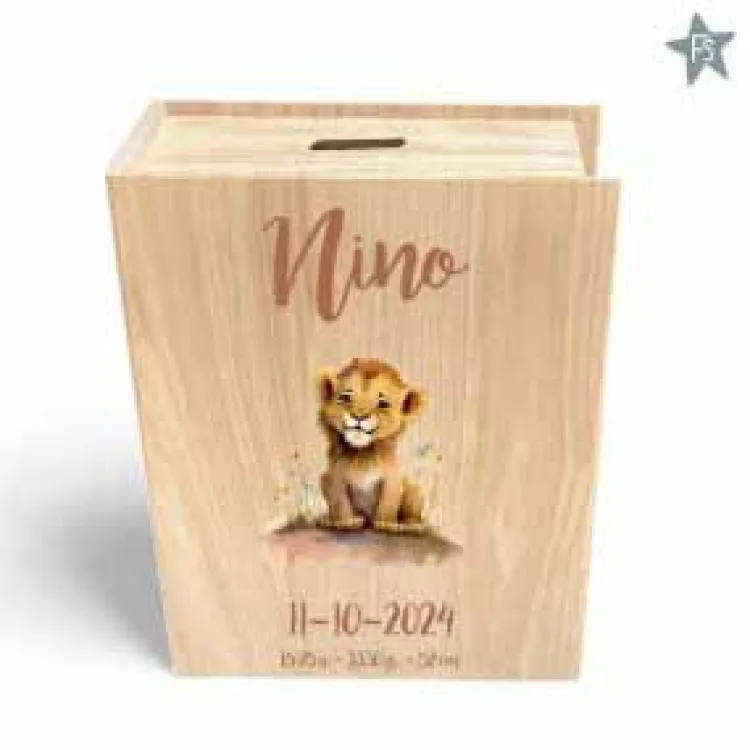 Sale Houten spaarpot boek met leeuwtje en naam / geboortegegevens Spaarpot Met Naam | Kraamcadeau Meisje