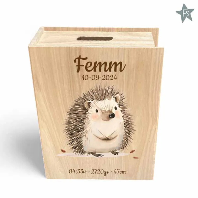 Best Houten spaarpot boek met egeltje en naam / geboortegegevens Spaarpot Met Naam | Kraamcadeau Meisje