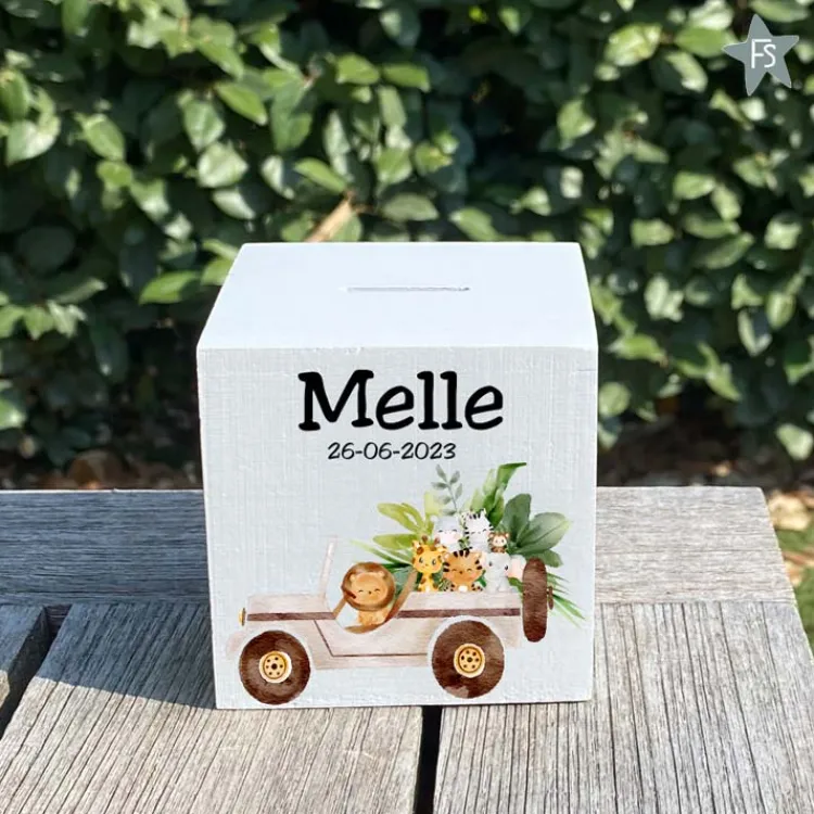 Outlet Houten spaarpot jungle-jeep met naam Spaarpot Met Naam | Kraamcadeau Meisje