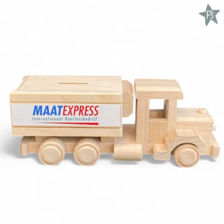 Hot Houten Spaarpot Kiepwagen met logo Houten Speelgoed Met Naam | Spaarpot Met Naam