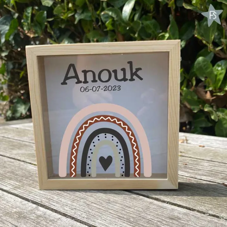 Fashion Houten Spaarpot met naam en regenboog meisje Spaarpot Met Naam | Kraamcadeau Meisje