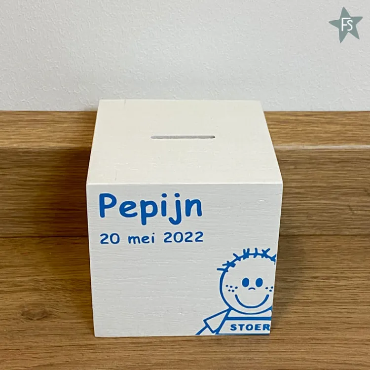 Sale Houten spaarpot met naam en jongen stoer half Spaarpot Met Naam | Kraamcadeau Jongen