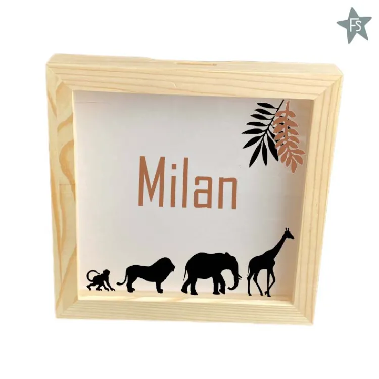 Outlet Houten Spaarpot met naam en jungle dieren | Spaarpot Lijstje Spaarpot Met Naam | Kraamcadeau Meisje