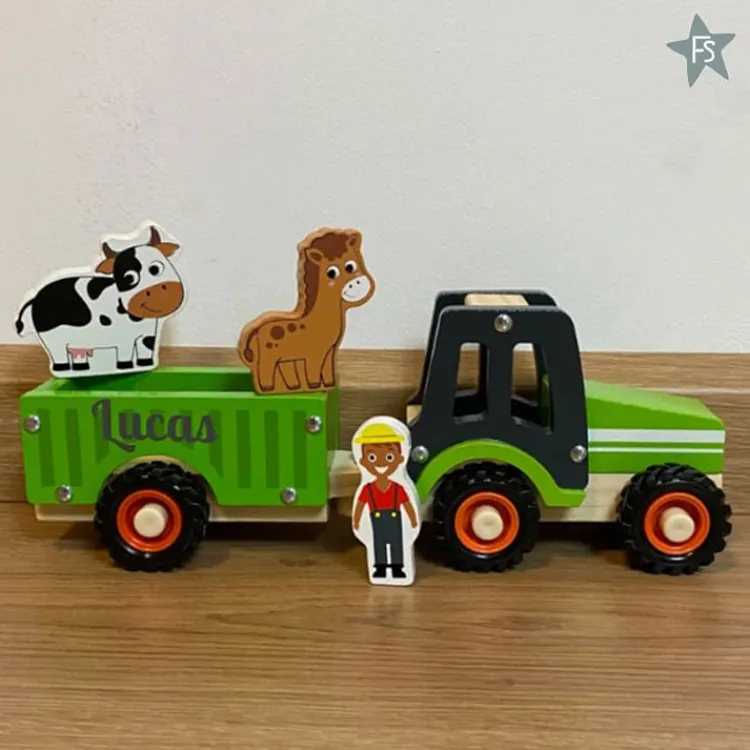 Sale Houten tractor groen met aanhanger ( met naam ) Kraamcadeau Jongen