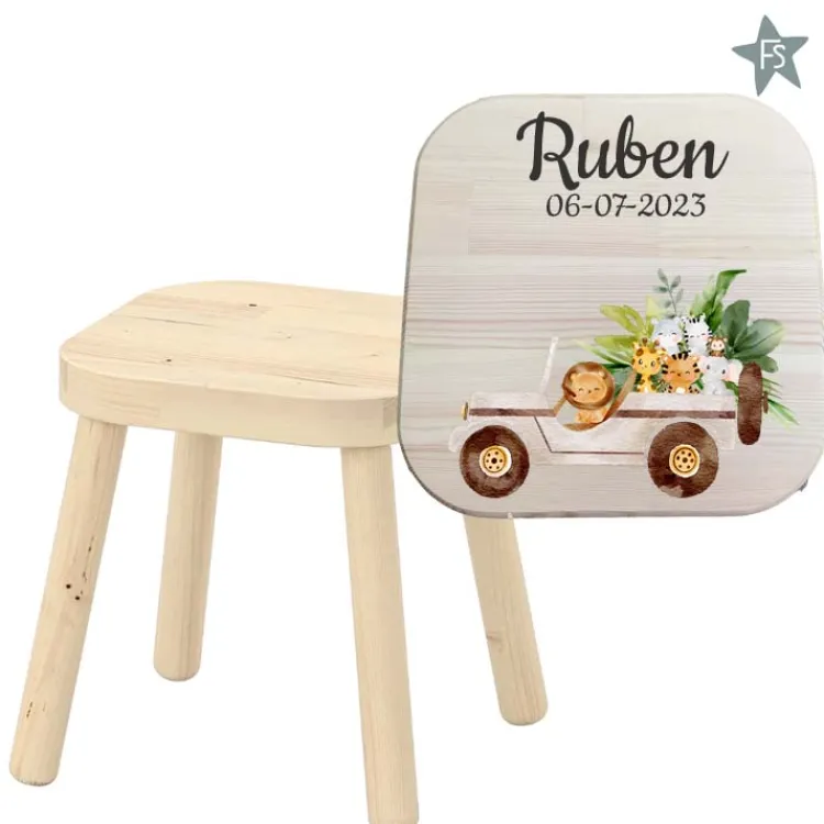 Fashion Krukje met naam en jungle jeep Kinderkrukje | Kraamcadeau Meisje