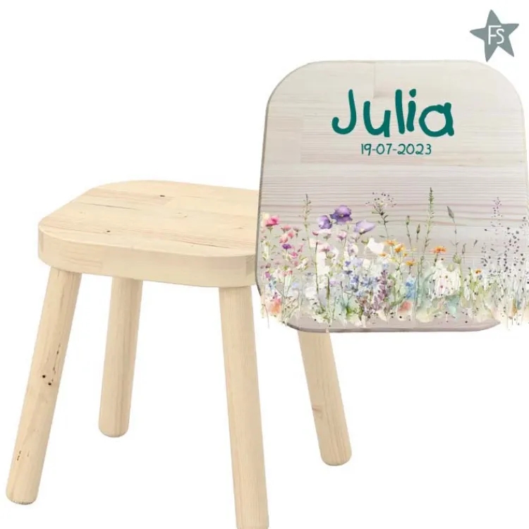 Outlet Krukje met naam en wild flowers Kinderkrukje | Kraamcadeau Meisje