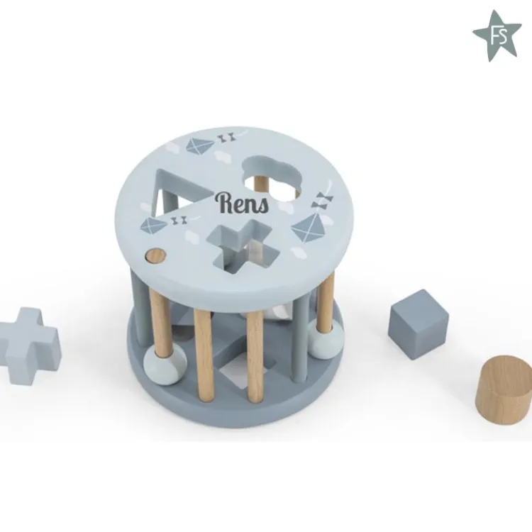 Online Blauw Houten Rollende Vormenstoof ( met naam ) Label Label | Kraamcadeau Jongen