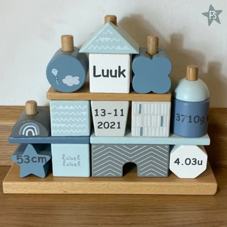 Clearance Blauwe Houten Blokken met naam en geboortegegevens Label Label | Houten Stapeltorens Met Naam