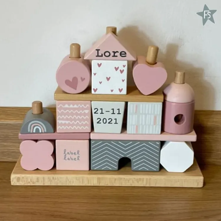 New Roze Houten Blokken met naam en geboortegegevens Label Label | Houten Stapeltorens Met Naam