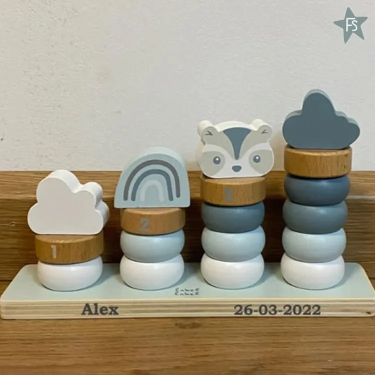Online stapelaar beer blauw met naam en geboortedatum Label Label | Houten Stapeltorens Met Naam