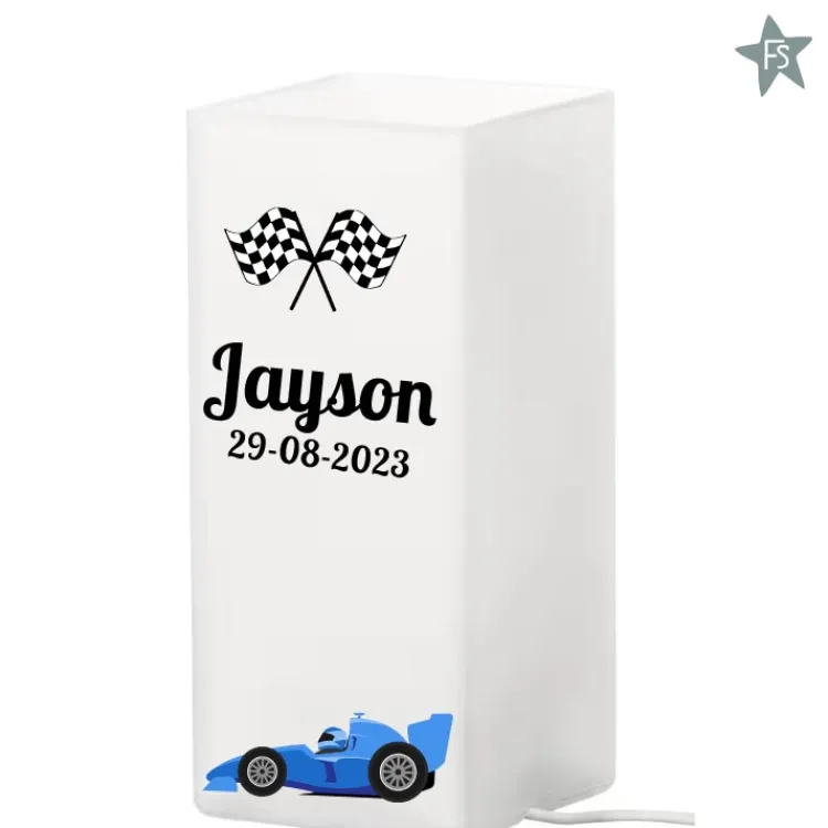 Online Nachtlampje met blauwe formule 1 auto met naam Nachtlampjes Met Naam | Cadeaus Vanaf 25 Euro
