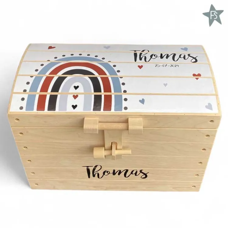 New Naturel houten speelgoedkist met naam en regenboog blauw | schatkist ( 4 maten ) Houten Speelgoed Met Naam | Speelgoedkist Met Naam