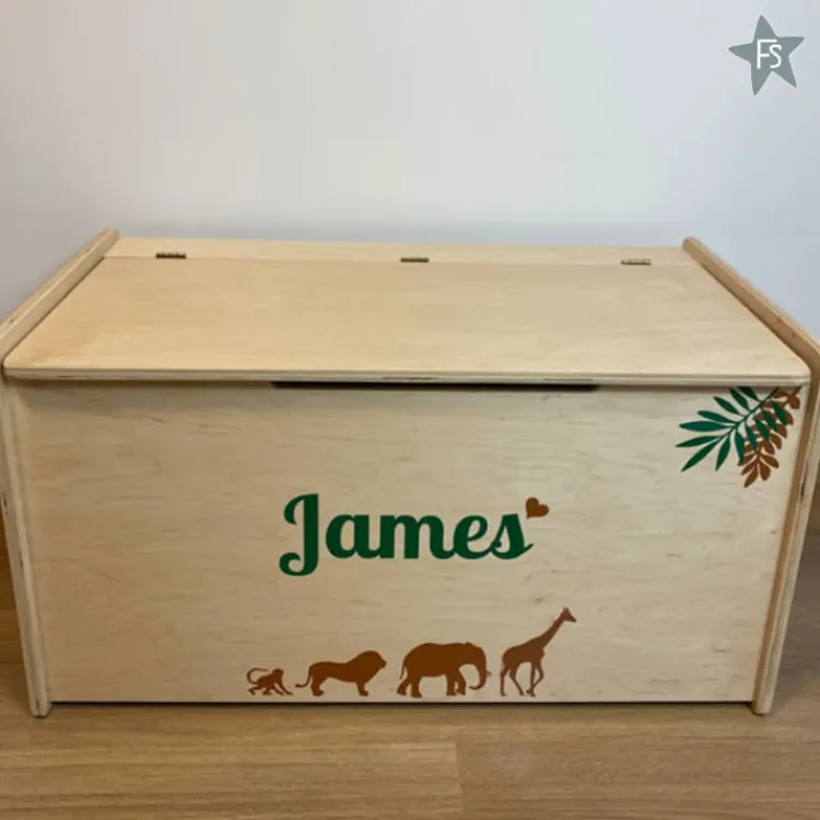 Outlet Naturel Houten speelgoedkist met naam jungle dieren Houten Speelgoed Met Naam | Speelgoedkist Met Naam