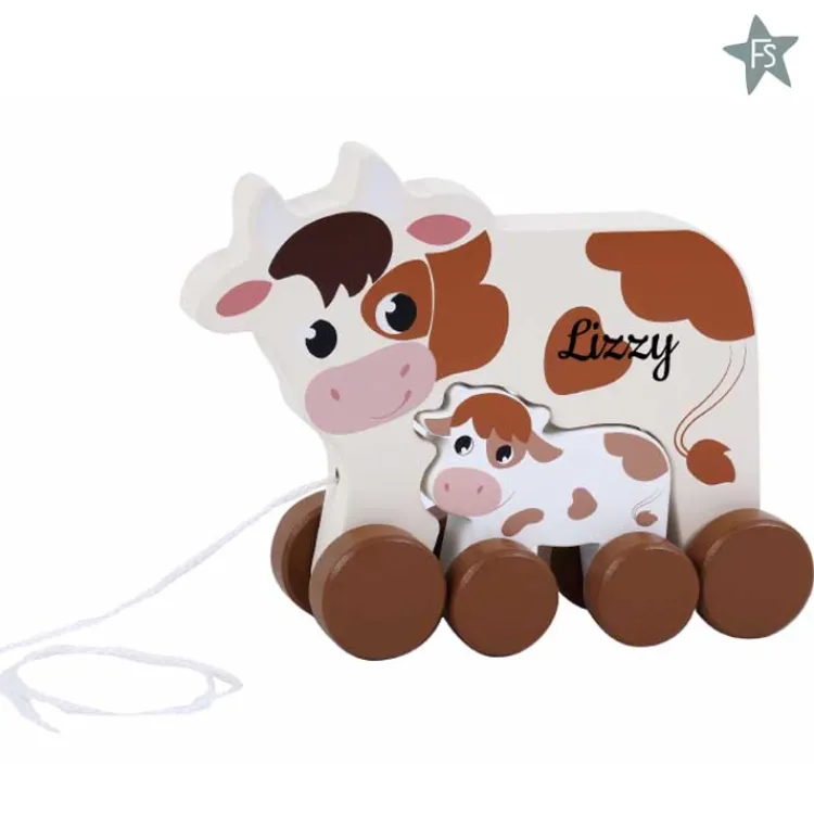 Sale Trekfiguur Koe met kalf ( met naam ) Houten Speelgoed Met Naam | Houten Trekdieren Met Naam
